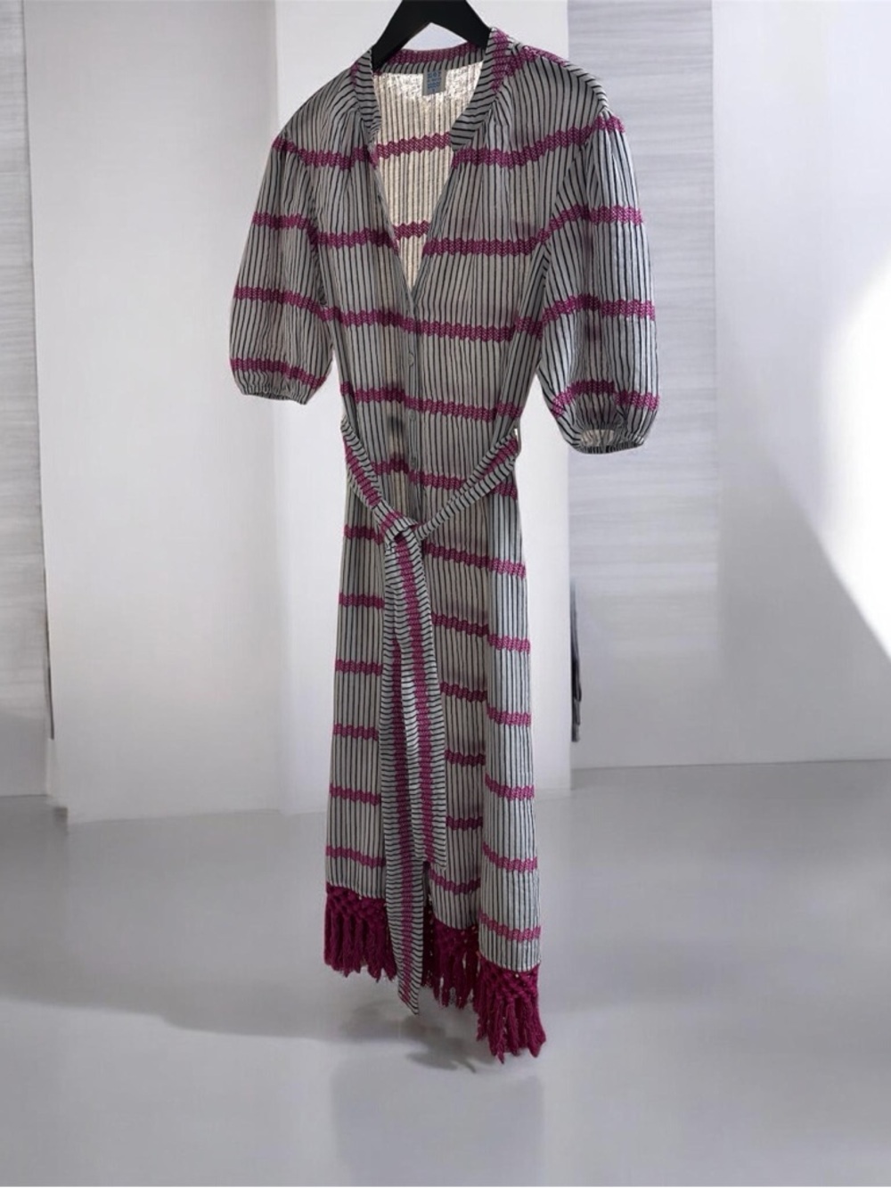 MER ST BARTH Estelle Fringed Shirtdress Marine Stripe Embroidery Size S EUC